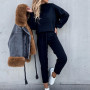 Winter Fleece Pullover Sets Women Casual Lantern Sleeve Sweatshirt Drawstring Pants Solid Color Turtleneck 2 Piece Set Clothes