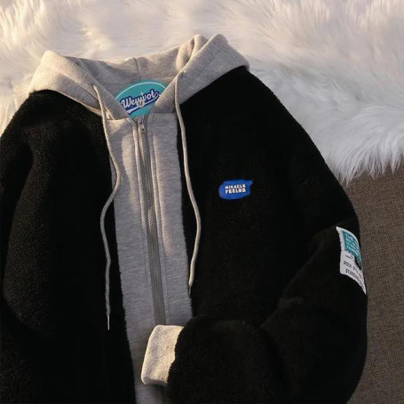 Women Winter Velvet Thick Hoodie Retro Warm Patchwork Padded Hooded Jacket Coat Hip Hop Fashion Zip Up Loose Drawing Sweatshirt