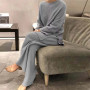 Suit Solid O-Neck Tops+Knitted Pant Sets Casual Soft Two Piece Set Homewear Pajama