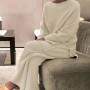 Suit Solid O-Neck Tops+Knitted Pant Sets Casual Soft Two Piece Set Homewear Pajama