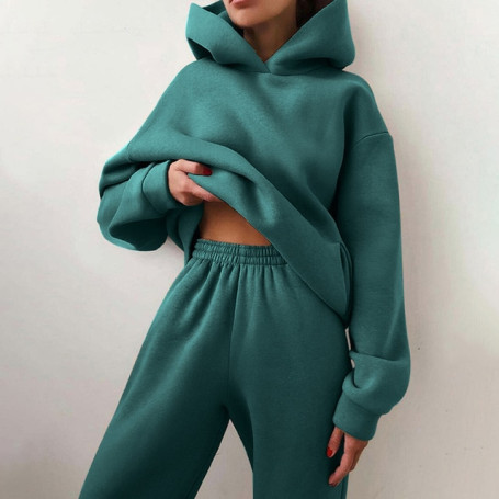 Two Piece Sets Women Tracksuit Winter Fleece Solid Long Sleeve Hoodies Jogger Pants Suits Female Casual Fashion Loose Sportswear