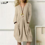 Spring Summer Solid Color Casual Patchwork Double Pockets Long Sleeve Fashion Cotton Hemp Round Neck Loose Knee-Length Dresses