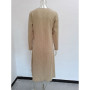 Spring Summer Solid Color Casual Patchwork Double Pockets Long Sleeve Fashion Cotton Hemp Round Neck Loose Knee-Length Dresses