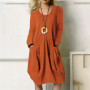 Spring Summer Solid Color Casual Patchwork Double Pockets Long Sleeve Fashion Cotton Hemp Round Neck Loose Knee-Length Dresses