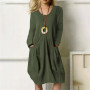 Spring Summer Solid Color Casual Patchwork Double Pockets Long Sleeve Fashion Cotton Hemp Round Neck Loose Knee-Length Dresses