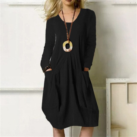 Spring Summer Solid Color Casual Patchwork Double Pockets Long Sleeve Fashion Cotton Hemp Round Neck Loose Knee-Length Dresses