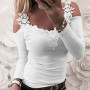 New Top Strap Off Shoulder Lace Stitching Woman Blouse O-neck Sexy Long Sleeves Female Casual Slim Tee Shirts Top