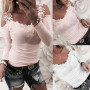 New Top Strap Off Shoulder Lace Stitching Woman Blouse O-neck Sexy Long Sleeves Female Casual Slim Tee Shirts Top