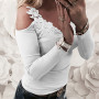 New Top Strap Off Shoulder Lace Stitching Woman Blouse O-neck Sexy Long Sleeves Female Casual Slim Tee Shirts Top