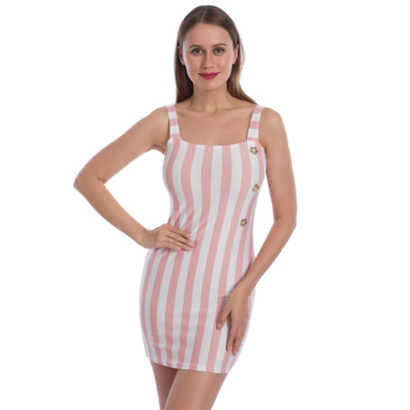 Retro Dress Summer Vertical Striped Button Suspenders Sexy Elegant Sleeveless Mini women's Dress