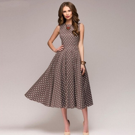 New Vintage Polka Dot Swing Party Dresses Summer Lady Sleeveless O-neck Elegant Dress Casual Boho Midi Dress Robe Female