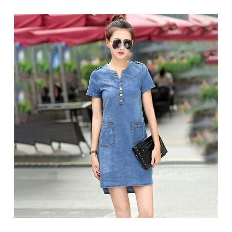 New 5XL Summer Style Denim Dresses Women V-Neck Short Sleeve Slim Jeans Dress With Pockets Vestidos Women Clothing