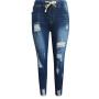 Drawstring Denim Jeans For Women Sexy Ripped Hole Stretch Jeans Jean Ladies Plus Size Full Length Pencil Pants