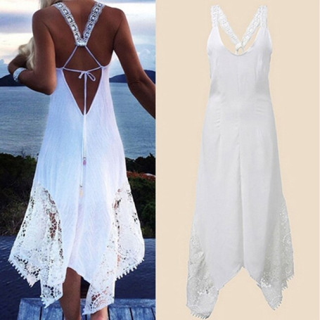 Bigsweety Women Lace Patchwork Sleeveless Backless Dress Summer Sexy Strapless Lace-Up Beach Dress Beachwear Women Lace Vestidos