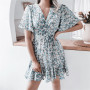 Women Dresses Summer 2022 Sexy V Neck Floral Print Boho Beach Dress Ruffle Short Sleeve A Line Mini Dress Wrap Sundress Robe