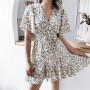 Women Dresses Summer 2022 Sexy V Neck Floral Print Boho Beach Dress Ruffle Short Sleeve A Line Mini Dress Wrap Sundress Robe
