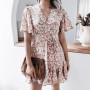 Women Dresses Summer 2022 Sexy V Neck Floral Print Boho Beach Dress Ruffle Short Sleeve A Line Mini Dress Wrap Sundress Robe