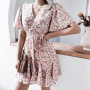 Women Dresses Summer 2022 Sexy V Neck Floral Print Boho Beach Dress Ruffle Short Sleeve A Line Mini Dress Wrap Sundress Robe