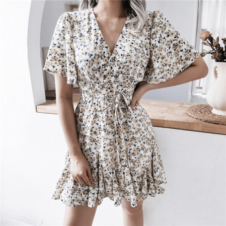 Women Dresses Summer 2022 Sexy V Neck Floral Print Boho Beach Dress Ruffle Short Sleeve A Line Mini Dress Wrap Sundress Robe