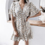 Women Dresses Summer 2022 Sexy V Neck Floral Print Boho Beach Dress Ruffle Short Sleeve A Line Mini Dress Wrap Sundress Robe