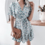 Women Dresses Summer Sexy V Neck Floral Print Boho Beach Dress Ruffle Short Sleeve A Line Mini Dress Wrap Sundress Robe
