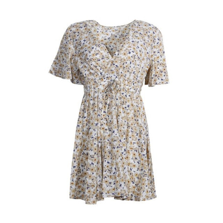 Women Dresses Summer Sexy V Neck Floral Print Boho Beach Dress Ruffle Short Sleeve A Line Mini Dress Wrap Sundress Robe