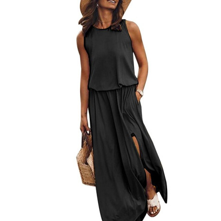 Summer Casual Dress Women Sleeveless Long Maxi Dress Sexy Side Slit Designer Style Fashion Sundress Female Solid Loose Dress