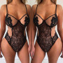Women Sexy Bodysuit Black Adjust Sleeveless Triangle Bodysuit Scalloped Lace Cup Soft Stretch Body Lace Teddy Bodysuit