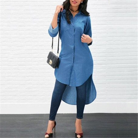 2022 Spring Fashion Denim Blue Dress Women Casual Lapel Long Sleeve Long Shirt Vestido Elegant Work OL Sundress
