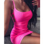 Summer Bandage Dress Spaghetti Strap Pierced Sexy Club Party Bodycon Sleeveless Pure Color Dresses
