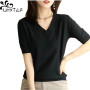 UHYTGF 4XL Oversized T-Shirt Women Ice Silk Knitted V Neck Pullover Summer Top Female Short Sleeve Casual Ladies Thin T-Shirt 22