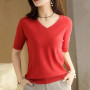 UHYTGF 4XL Oversized T-Shirt Women Ice Silk Knitted V Neck Pullover Summer Top Female Short Sleeve Casual Ladies Thin T-Shirt 22