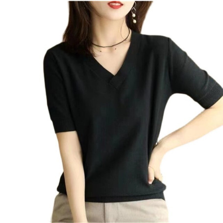 UHYTGF 4XL Oversized T-Shirt Women Ice Silk Knitted V Neck Pullover Summer Top Female Short Sleeve Casual Ladies Thin T-Shirt 22