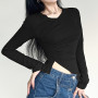 2023 New Spring Bottoming Knitted Irregular Waist Slimming Long-sleeved V-neck Long-sleeved T-shirt For Women European American