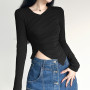 2023 New Spring Bottoming Knitted Irregular Waist Slimming Long-sleeved V-neck Long-sleeved T-shirt For Women European American