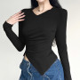 2023 New Spring Bottoming Knitted Irregular Waist Slimming Long-sleeved V-neck Long-sleeved T-shirt For Women European American