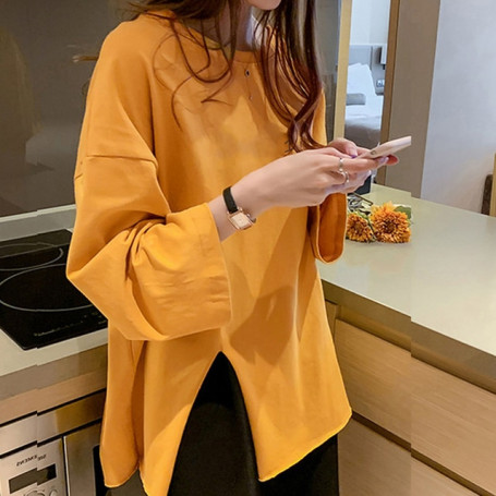 White Oversized Women's T-shirt 2023 Spring Korean Letter Print T-shirts with Slit Basic Candy Color O-neck Harajuku Tshirt Tops