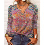 Loose Tops Vintage Print V Neck T-Shirt Women Autumn Winter Casual Elegant Bottoming Shirt Female Streetwear Long Sleeves Tees