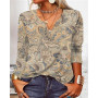 Loose Tops Vintage Print V Neck T-Shirt Women Autumn Winter Casual Elegant Bottoming Shirt Female Streetwear Long Sleeves Tees