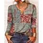 Loose Tops Vintage Print V Neck T-Shirt Women Autumn Winter Casual Elegant Bottoming Shirt Female Streetwear Long Sleeves Tees