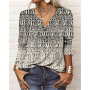 Loose Tops Vintage Print V Neck T-Shirt Women Autumn Winter Casual Elegant Bottoming Shirt Female Streetwear Long Sleeves Tees
