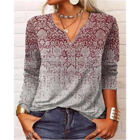 Loose Tops Vintage Print V Neck T-Shirt Women Autumn Winter Casual Elegant Bottoming Shirt Female Streetwear Long Sleeves Tees