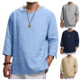 New Men's Shirt Plus Size Solid Tops Pullover V Neck Loose Top Summer Holiday Beach Casual Three Quarter Sleeve Linen man Tops