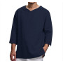 New Men's Shirt Plus Size Solid Tops Pullover V Neck Loose Top Summer Holiday Beach Casual Three Quarter Sleeve Linen man Tops