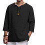 New Men's Shirt Plus Size Solid Tops Pullover V Neck Loose Top Summer Holiday Beach Casual Three Quarter Sleeve Linen man Tops