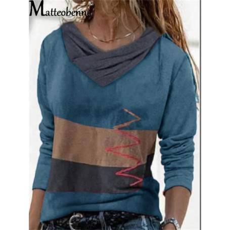 Women V Neck Contrast Color Irregular Stitching Stripes T-Shirt Spring Autumn Long Sleeve Street Hipster Clothes Ladies Tee Tops