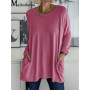 2021 Women Autumn Fashion Tunic Top Pocket Solid Color Loose Round Neck Long-sleeved T-Shirt Streetwear Casual Vintage Pullovers