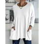 2021 Women Autumn Fashion Tunic Top Pocket Solid Color Loose Round Neck Long-sleeved T-Shirt Streetwear Casual Vintage Pullovers