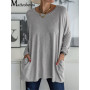 2021 Women Autumn Fashion Tunic Top Pocket Solid Color Loose Round Neck Long-sleeved T-Shirt Streetwear Casual Vintage Pullovers