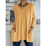 2021 Women Autumn Fashion Tunic Top Pocket Solid Color Loose Round Neck Long-sleeved T-Shirt Streetwear Casual Vintage Pullovers
